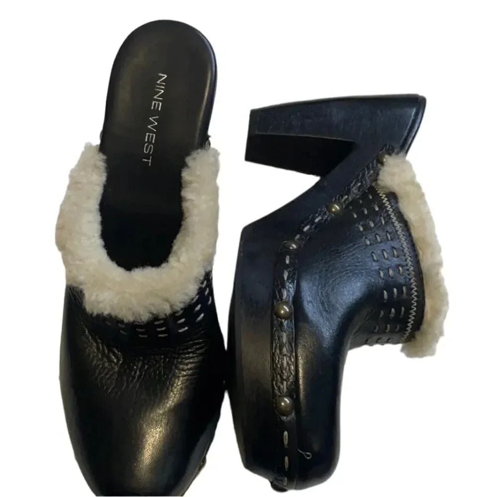 Nine West chunky heel clog mule Studded Black leather Size 8.5 Sherpa Retro